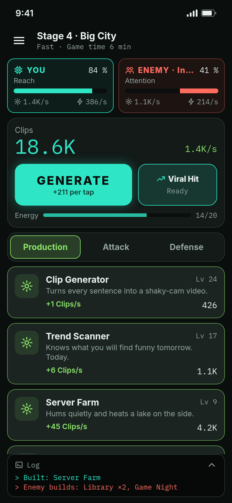 Match screen: both control bars, Clips counter, GENERATE button, Viral Hit ability and production upgrades