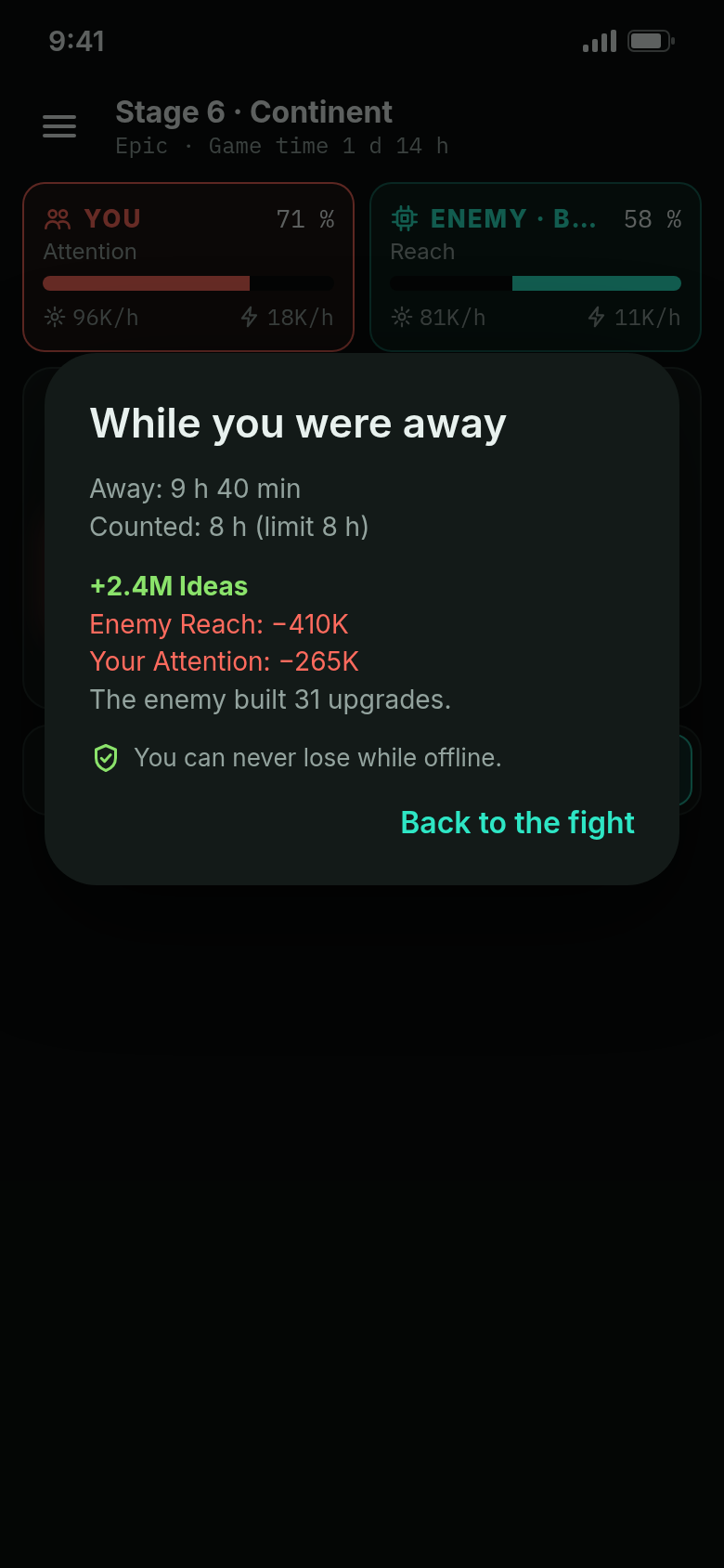 Offline report of an epic match: 8 hours counted, enemy upgrades, “You can never lose while offline”