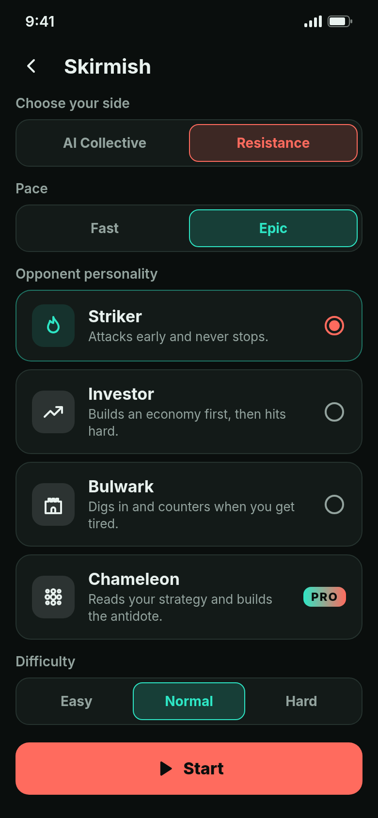 Skirmish setup with side, pace, opponent personality and difficulty